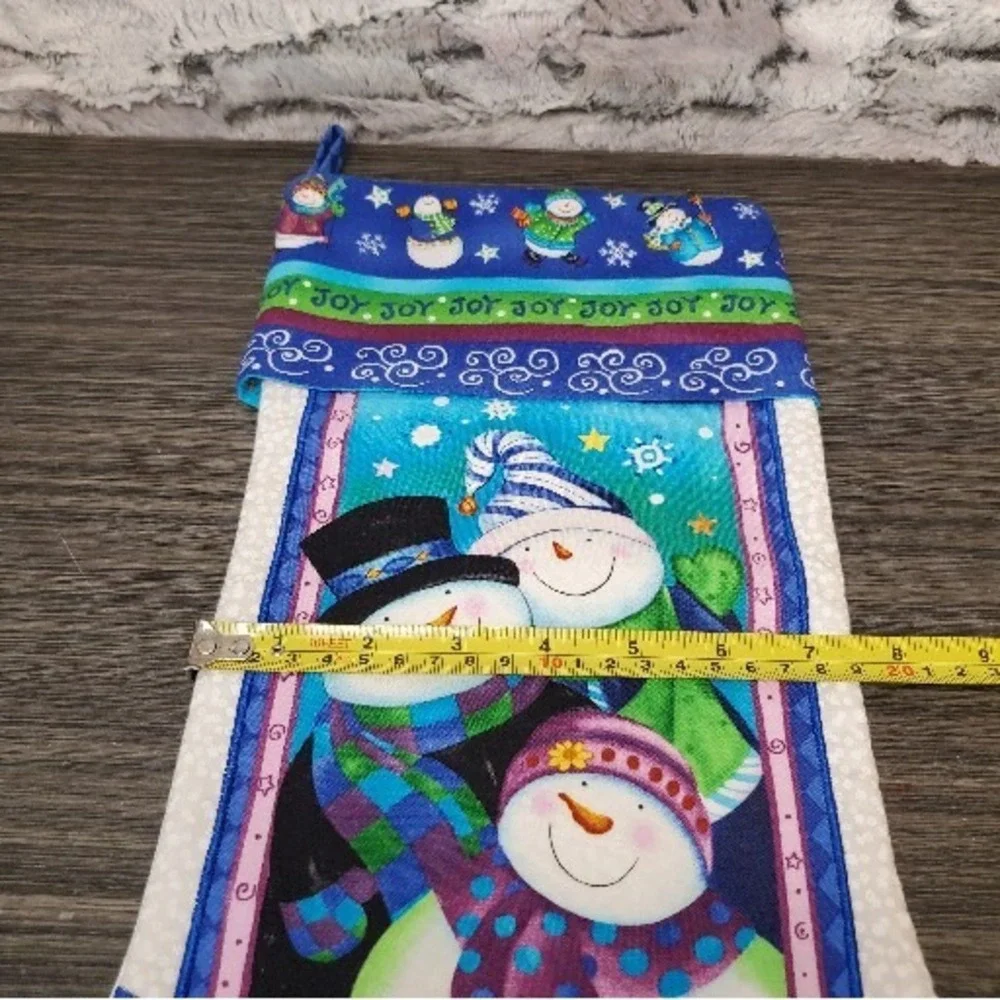 Joy Snowman Family Winter Snowflake Christmas 17 Inch Stocking Green Blue Purple